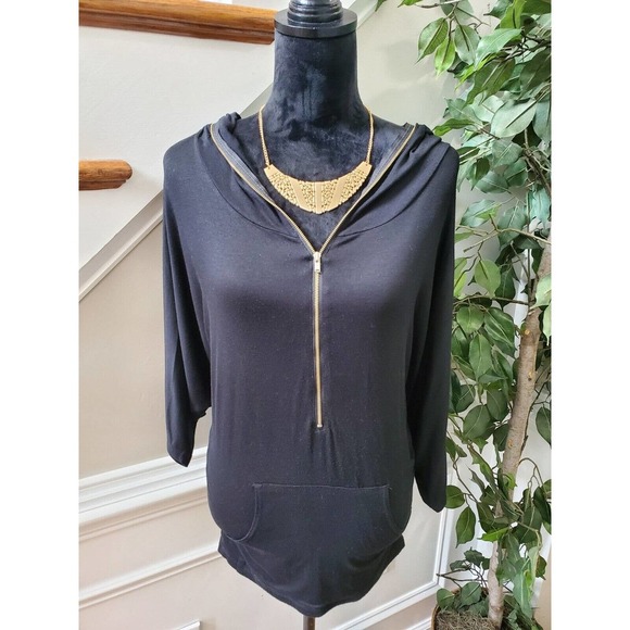 Papaya Women's Black Rayon Long Sleeve Half Zip Front Casual Hoodie Size Small - Picture 2 of 10